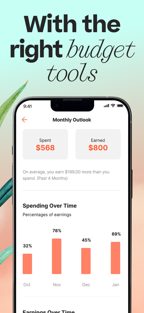 The Klover app Monthly Outlook interface displaying spending versus earnings summary and a monthly spending bar chart.