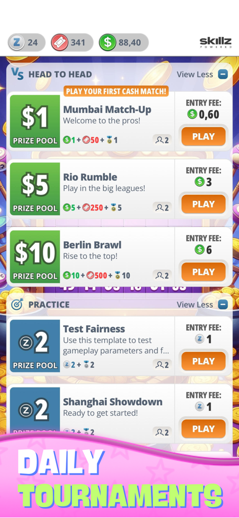 Jackpot Bingo - Win Real Money - Jackpot Bingo app screen showing available cash prize pools and practice tournaments.