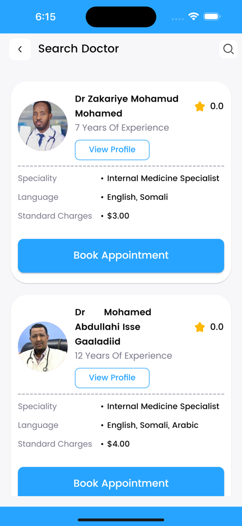 Baano - Search screen in Baano app showing doctor profiles with names, specialties, and consultation fees.