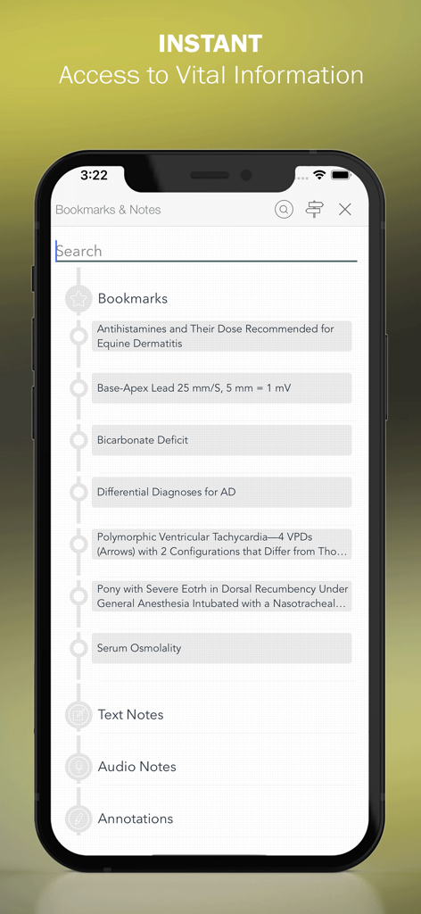 Bookmarks and notes interface of the Equine Veterinary Consult mobile app for clinical references.