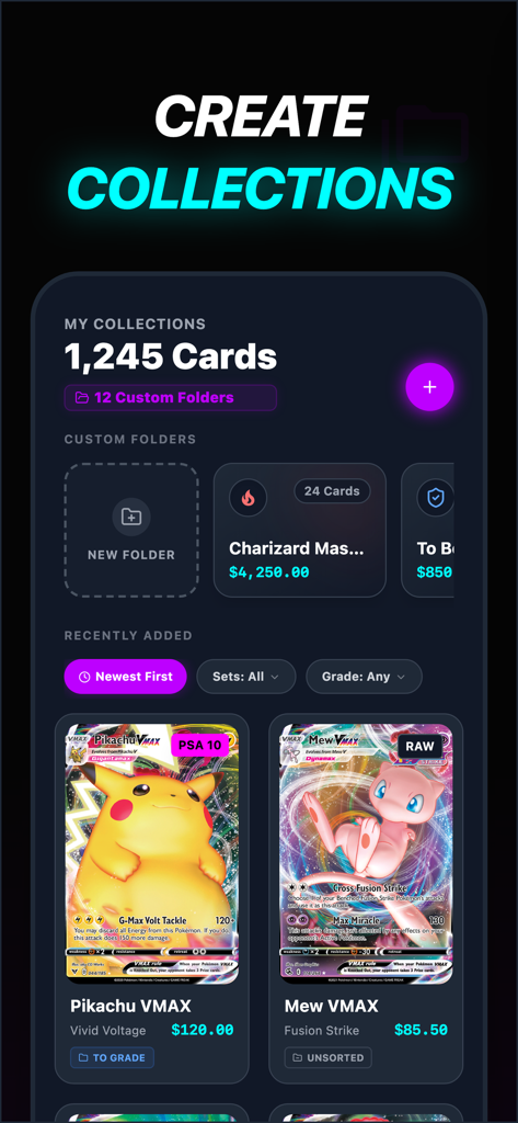 TCG Card Scanner・Collector - Interface showing a digital collection of Pokemon cards with custom folders and market prices