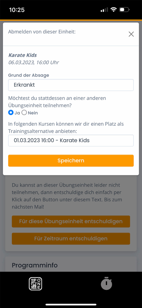 Martial arts class cancellation and rescheduling interface in the budoo app