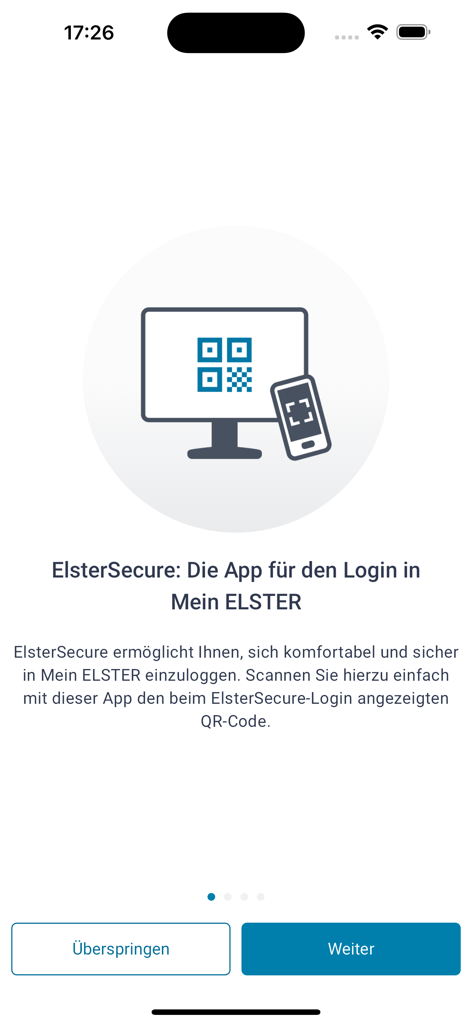 ElsterSecure onboarding screen describing how to log in to Mein ELSTER using a QR code scan