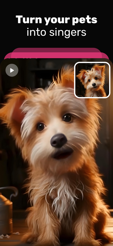 Mimic - AI Photo Face Animator - A screenshot of the Mimic app interface showing a dog photo being animated into a singing video with the text Turn your pets into singers