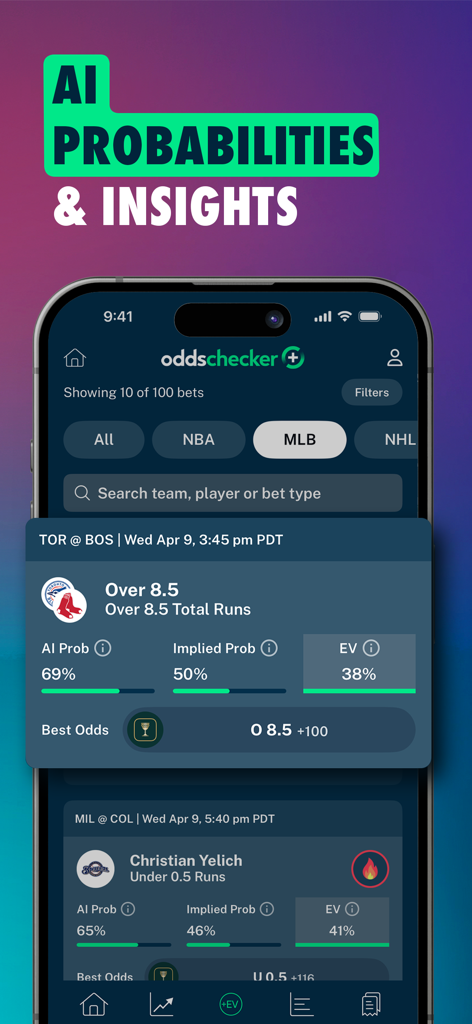 Oddschecker plus app interface displaying AI sports betting probabilities and insights