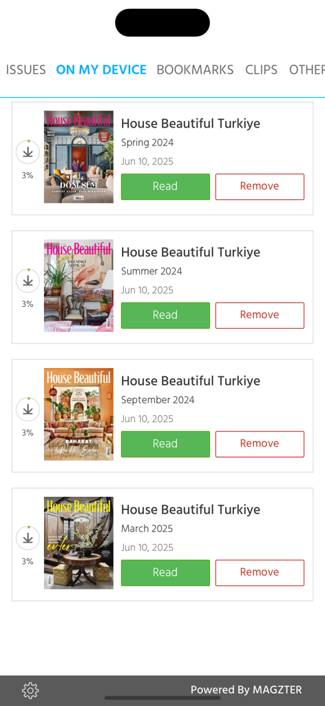 House Beautiful Turkiye - Interface showing a list of downloaded House Beautiful Turkiye magazine issues with covers and read buttons