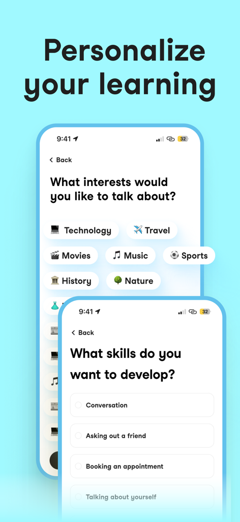 Univerbal AI Language Learning - Univerbal app screens showing personalization options for interests and conversational skills.