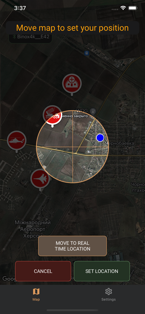 Tactical satellite map interface with a central reticle and military unit icons for setting user position