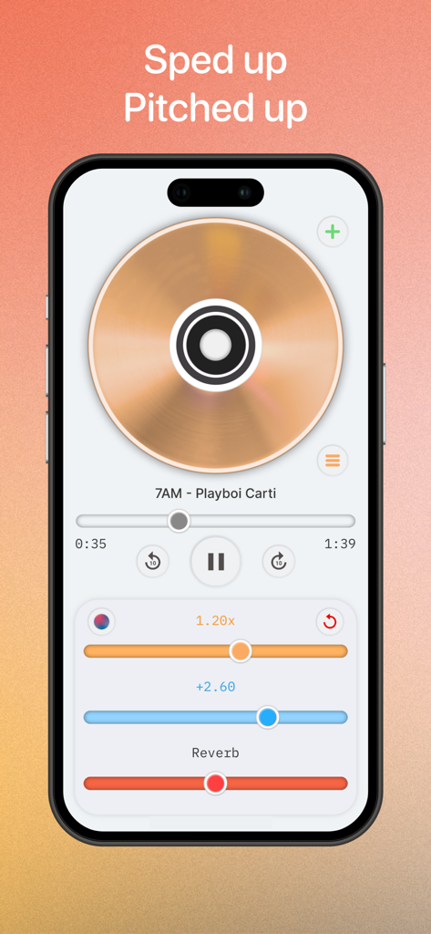 Alinea Music - Pantalla de la aplicación Alinea Music mostrando sliders de velocidad y tono de audio con una interfaz de CD dorado giratorio para remixes de nightcore
