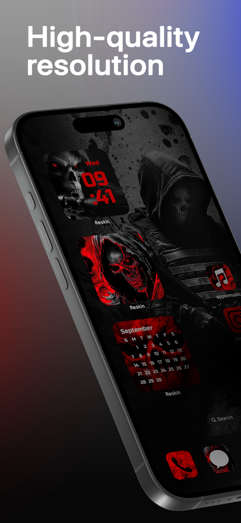 iPhone home screen displaying a high-resolution dark tactical skull theme with red custom widgets and icons from the Reskin app