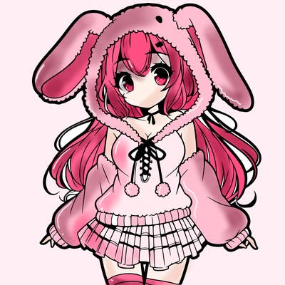 pretty anime girl wearing a fluffy hoodie with bunny ears on the hood and a skirt