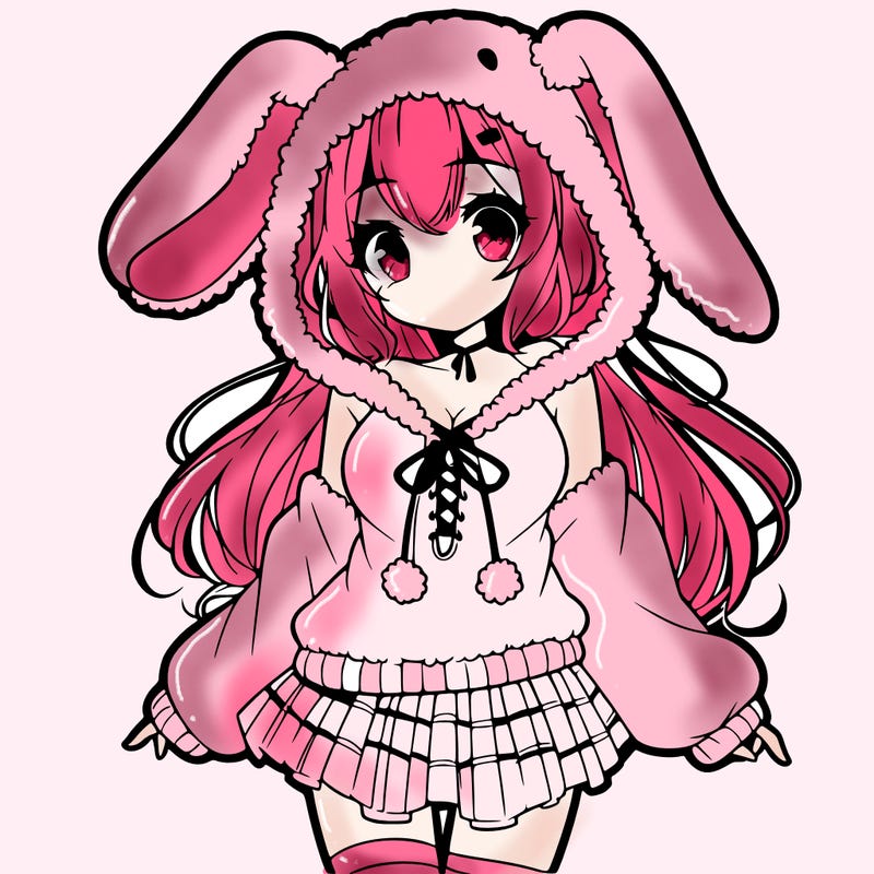 pretty anime girl wearing a fluffy hoodie with bunny ears on the hood and a skirt