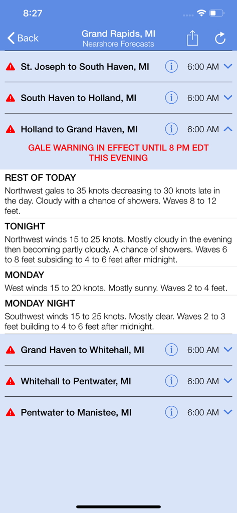 Screenshot of the Nearshore app displaying marine weather forecasts and gale warnings for the Great Lakes region
