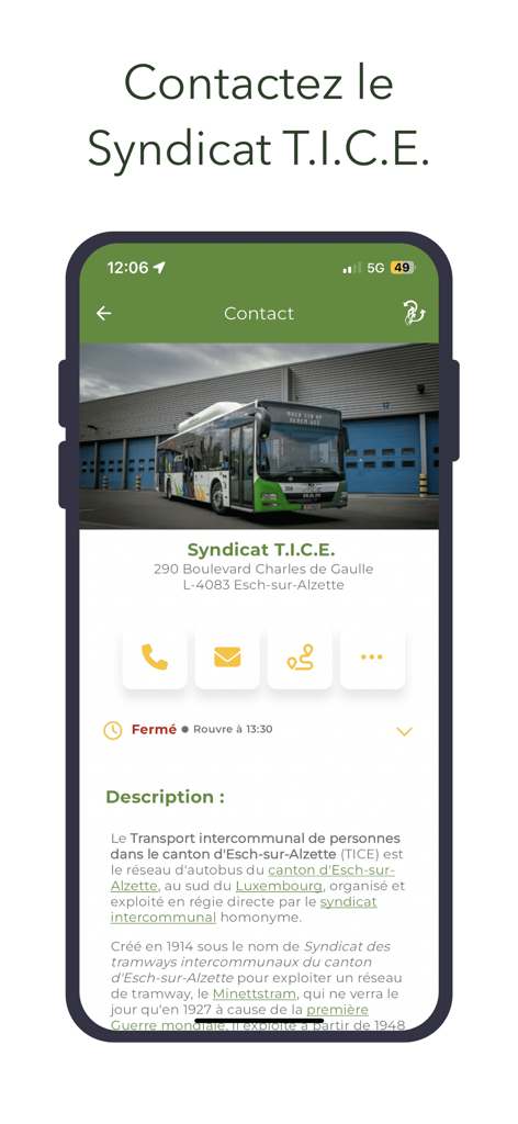 Page de contact de l'application mobile TICE montrant l'adresse et les informations de transport par bus