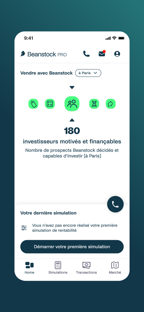 BeanstockPro mobile app interface showing real estate investor analytics and property investment simulations