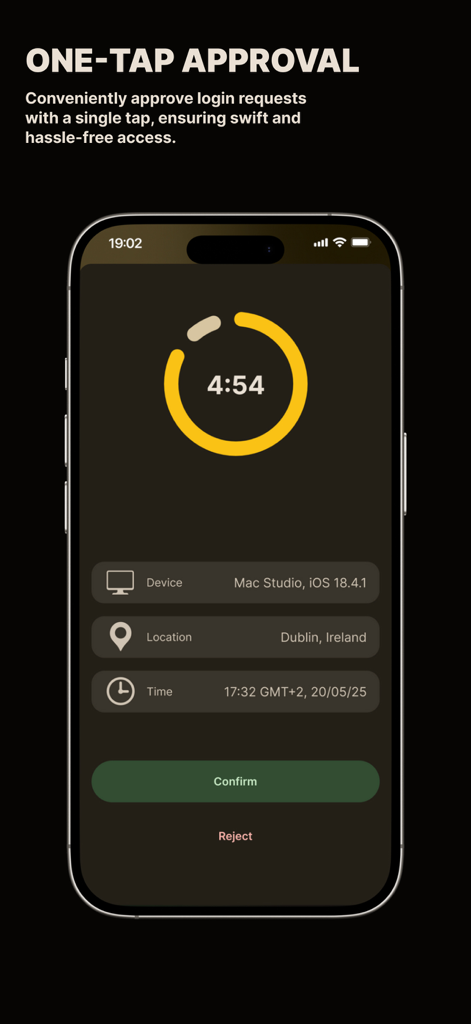 Pantalla de la aplicación móvil GoldCore que muestra una aprobación de inicio de sesión de un toque con detalles de verificación de dispositivo y ubicación.