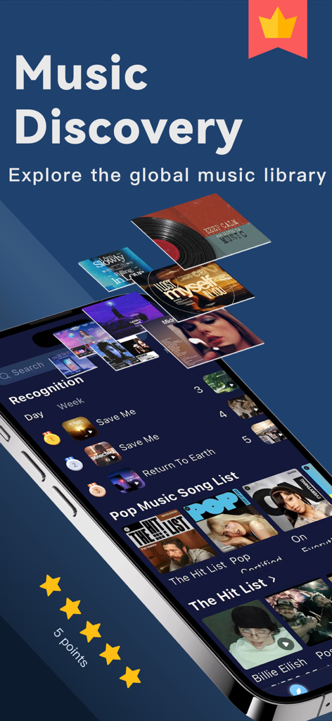 Music Recognition- Song Finder - Interface of the Music Discovery app showing recognized songs and global music charts on a smartphone screen