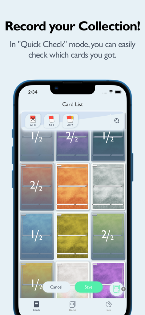 Screenshot of the PTCGP Dex Pro app showing the quick check feature for recording a card collection with progress indicators like 1 out of 2 cards collected