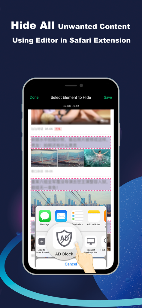 Pantalla de iPhone que muestra un editor visual en Safari para seleccionar y ocultar contenido web no deseado usando la extensión Bloqueador de Anuncios