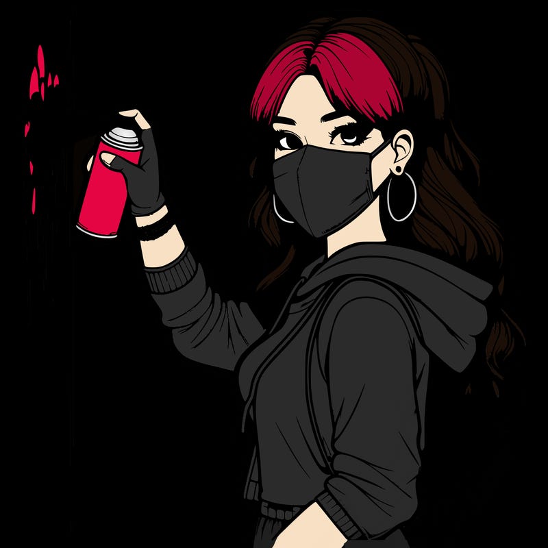 realistic girl with mask spray painting a wall