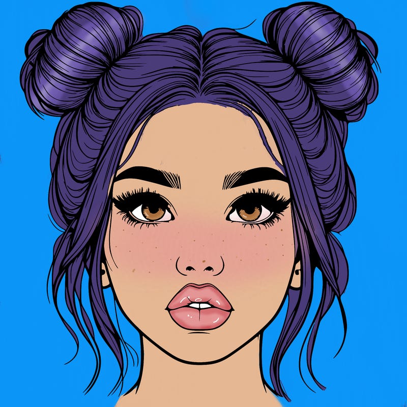 realistic girl with two buns on her hair and lips