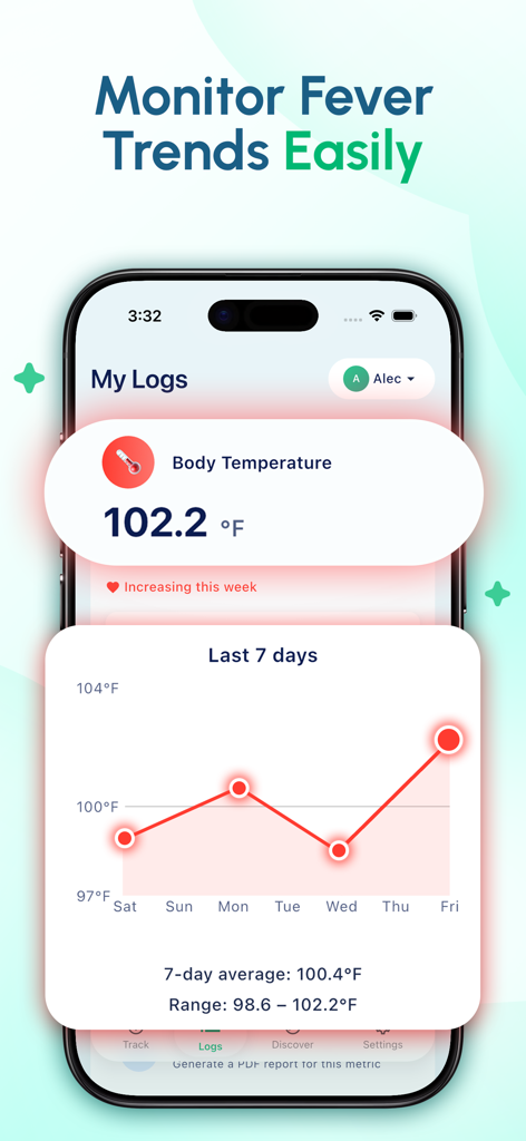 Body Temperature App Fever - Mobile app interface showing body temperature logs and a weekly fever trend chart