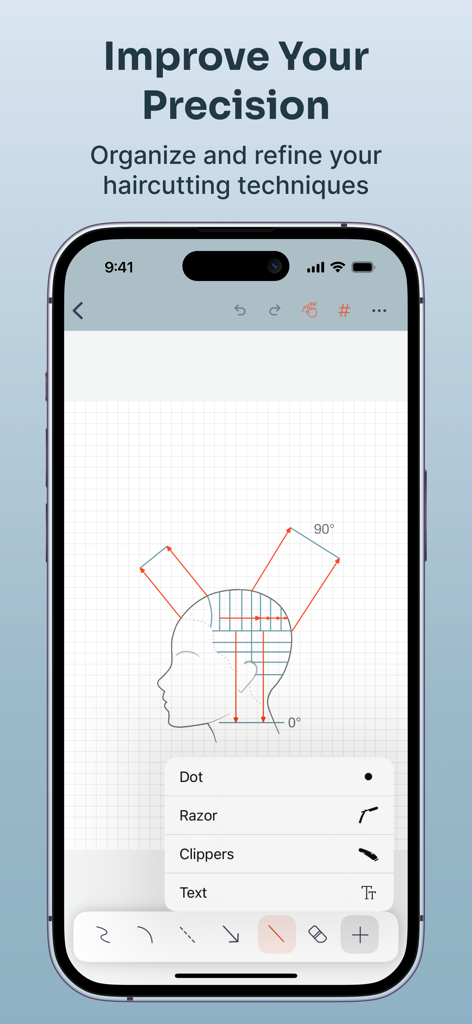Hairtechapp - Cutting Diagrams - Diagrama técnico de corte de cabello en Hairtechapp que muestra ángulos de precisión y herramientas de dibujo.