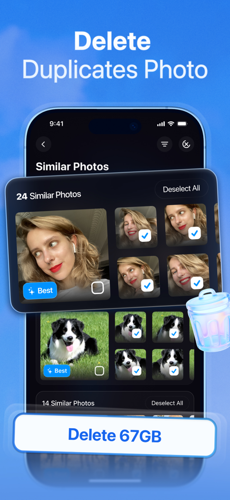 KeepClean AI: Storage Cleaner - Interface de l'application KeepClean AI montrant la détection de photos en double et l'option de supprimer 67 Go d'images similaires.