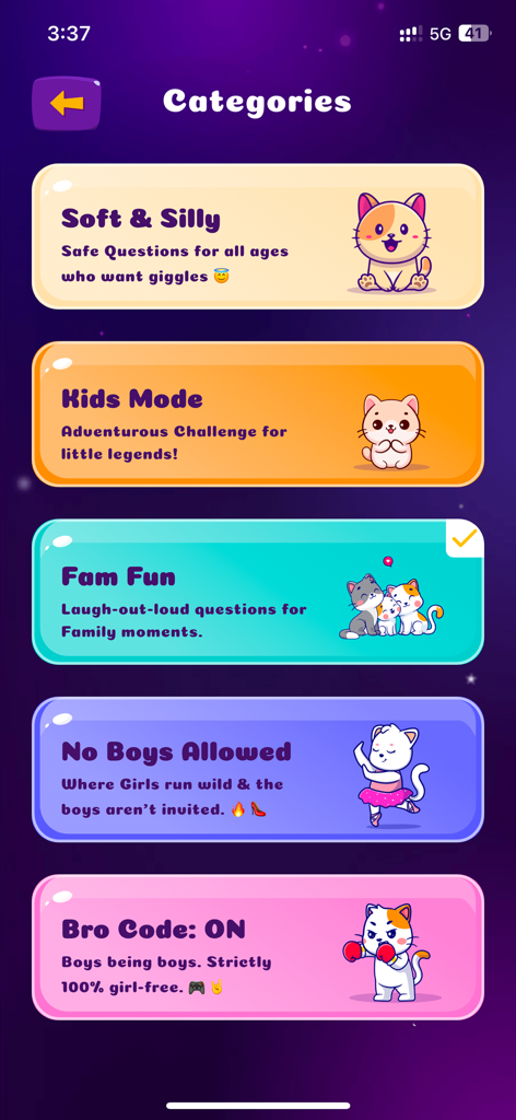 Truth or Dare app categories screen showing Soft and Silly Kids Mode Fam Fun No Boys Allowed and Bro Code options