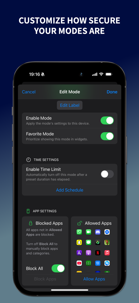 Guest Mode: Lock Apps - iPhone screen showing Edit Mode settings in Guest Mode app including time limits and allowed apps list