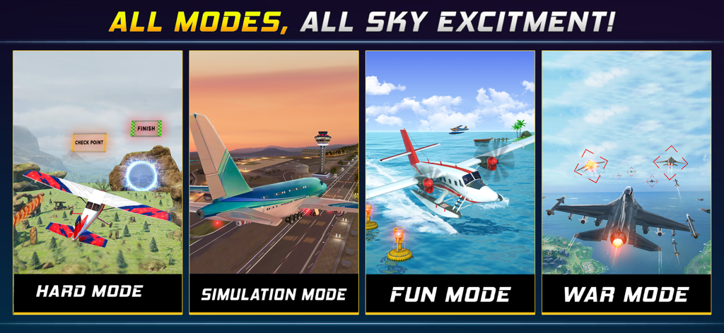 SkyDrift: Airplane Game 3D - Un montaje que muestra cuatro modos de juego diferentes en SkyDrift, incluyendo los modos Hard Simulation Fun y War