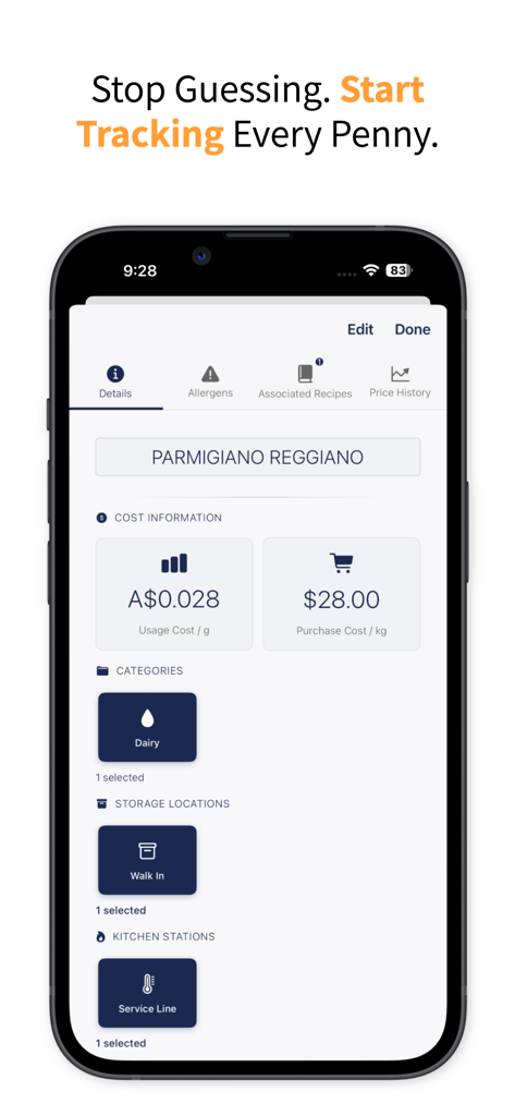 Plate Pro app screen showing detailed food cost and storage information for Parmigiano Reggiano.