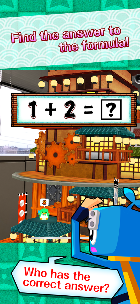Math Ninja AR - Schermata di gioco di Math Ninja AR che mostra un villaggio ninja 3D con una formula matematica visualizzata su una lavagna