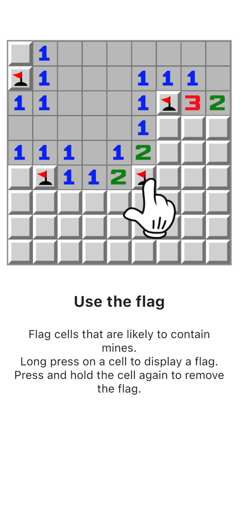 Minesweeper - Classical Game - Instructional screen showing how to long press to place a flag on the grid in Minesweeper Classical Game.
