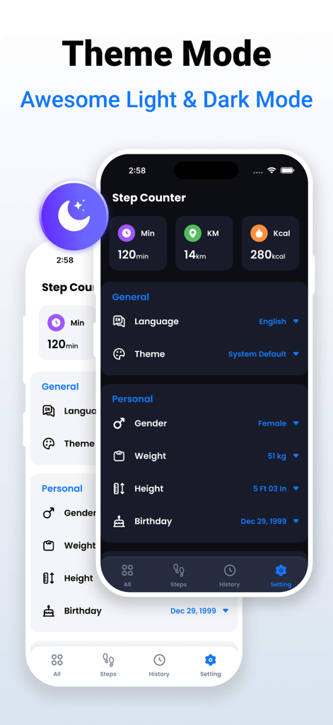Pedometer – Step Counter - Pedometer app interface demonstrating light and dark mode themes with user settings and health tracking data