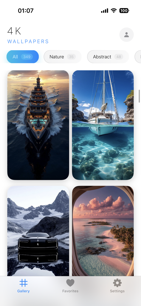 A mobile app interface displaying a gallery of 4K wallpapers including luxury yachts, a sports car in the snow, and a tropical beach scene.