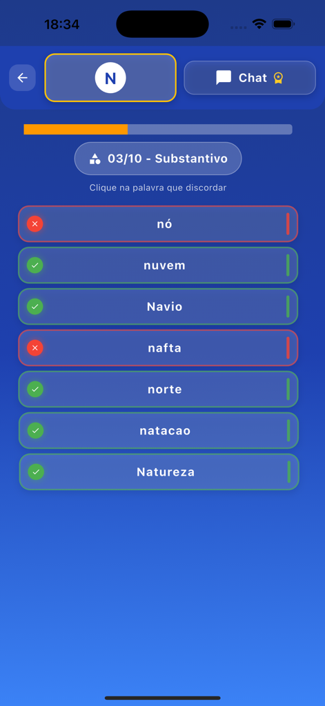 Adedonha Online voting screen where players validate nouns starting with the letter N