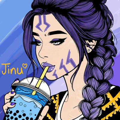 realistic girl drinking boba tea with braided hair