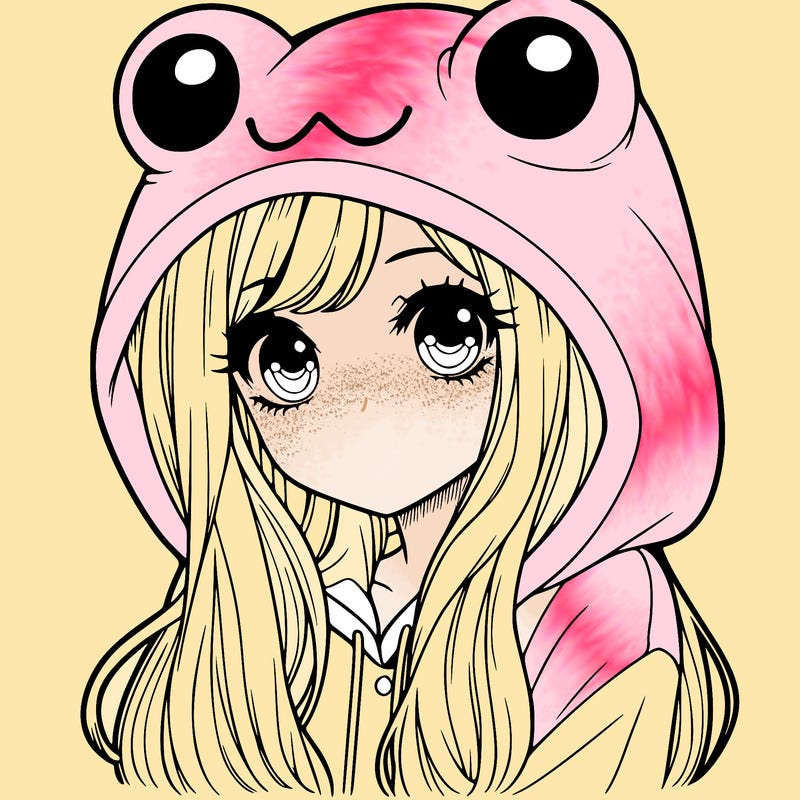 a pretty girl wearing a frog hoodie portrait with long hair