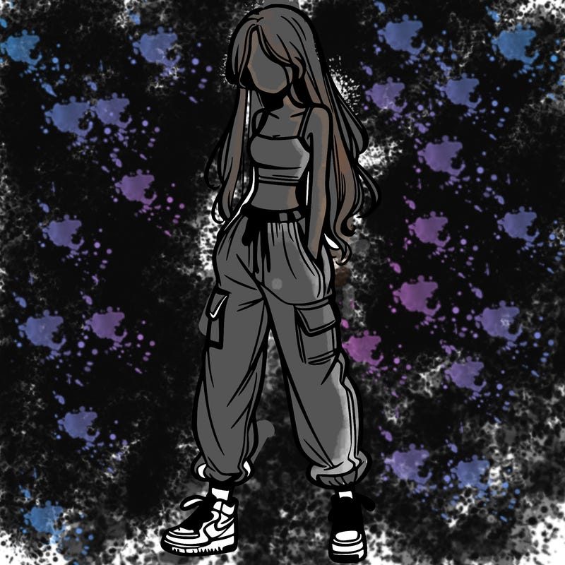 girl in baggy pants crop top and long hair