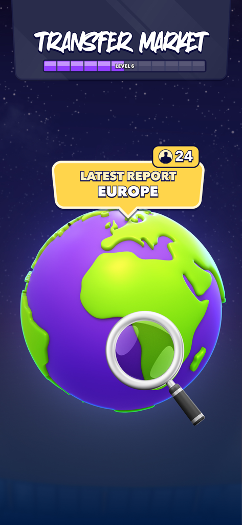 The transfer market screen in WFM 2025 showing a 3D globe for scouting international soccer players.