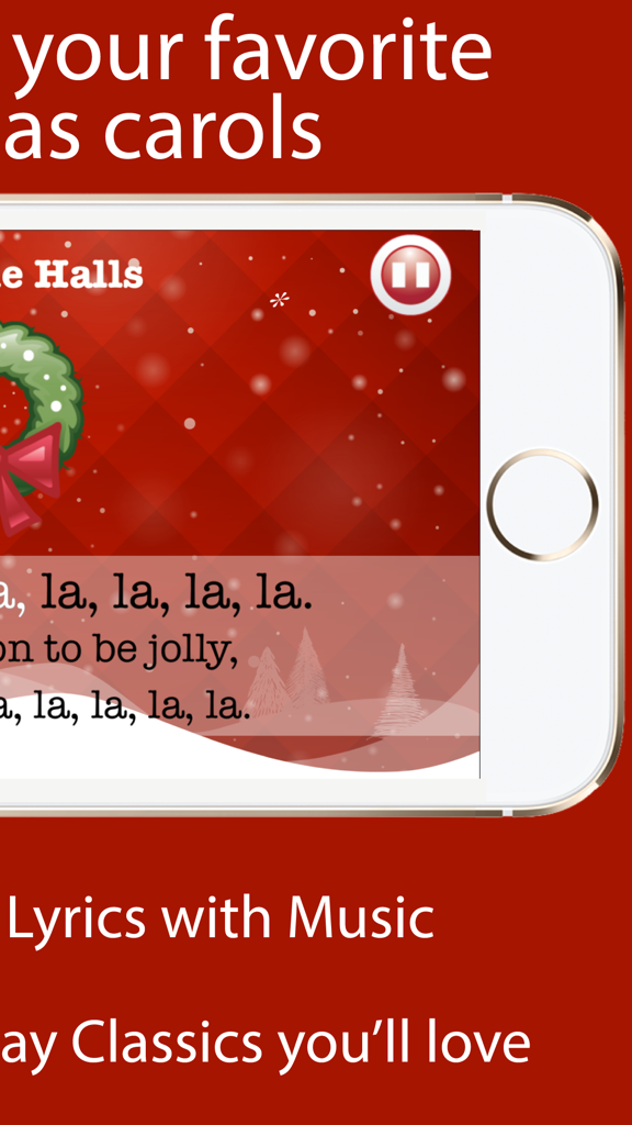 Sing Along Christmas Carols - iPhone mostrando las letras de Deck the Halls en la aplicación Cánticos Navideños
