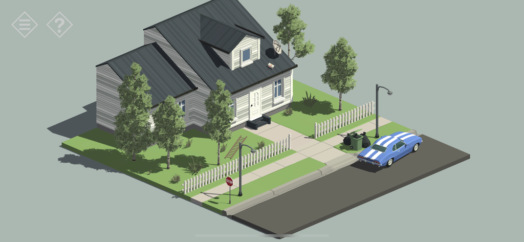 Vue isométrique low poly d'une maison de banlieue blanche avec une voiture bleue garée dans la rue dans Tiny Room Story Town Mystery