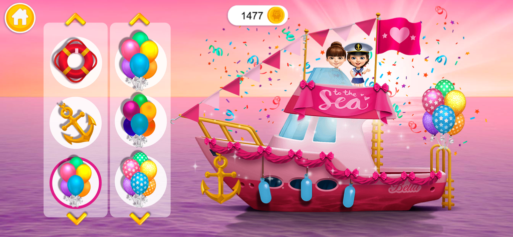 Sweet Olivia Summer Fun 2 - A decorated pink boat with balloons and characters in the Sweet Olivia Summer Fun 2 mobile game