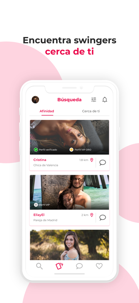 iSwinger app interface showing a search screen for couples and swingers near the user