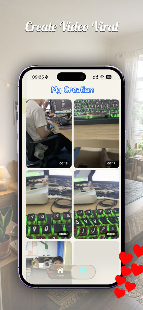 Green Alien Cat Dance Filter - A mobile app interface displaying a gallery of recorded videos titled My Creation.