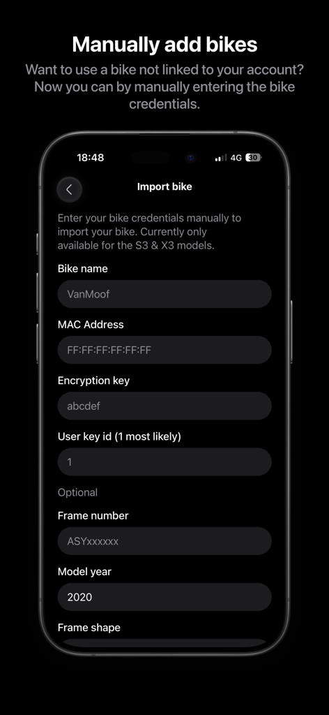 MoofMate - The manual bike import screen in MoofMate allowing users to add VanMoof bikes by entering credentials like MAC address and encryption keys.