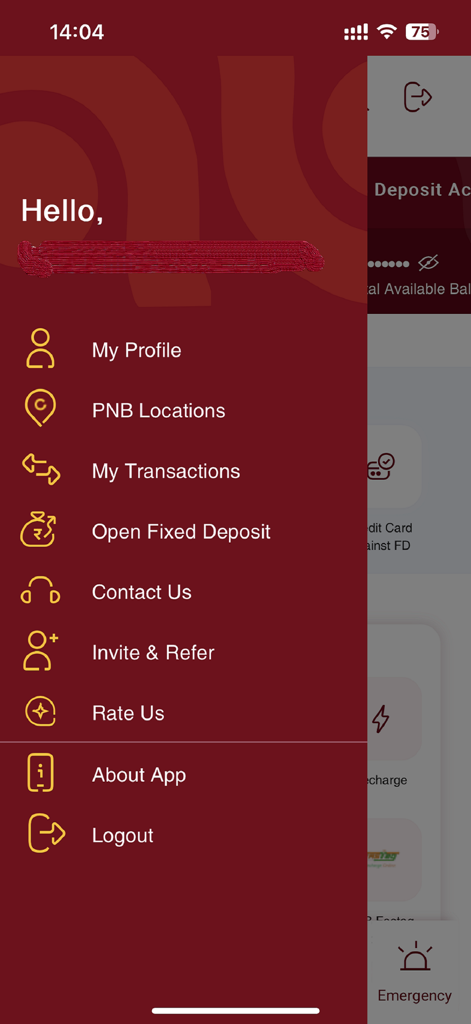 Side navigation menu of the PNB ONE mobile banking app showing account services and settings