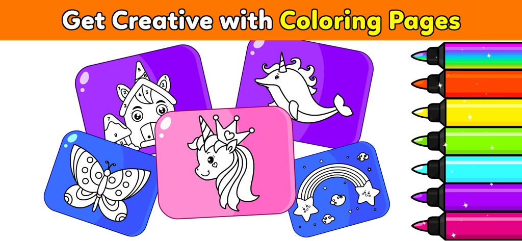 My Unicorn Coloring Club Games - Selección de páginas para colorear de unicornios, mariposas y narvales con rotuladores digitales coloridos