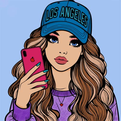realistic beautiful girl wearing los ángeles cap holding an iphone